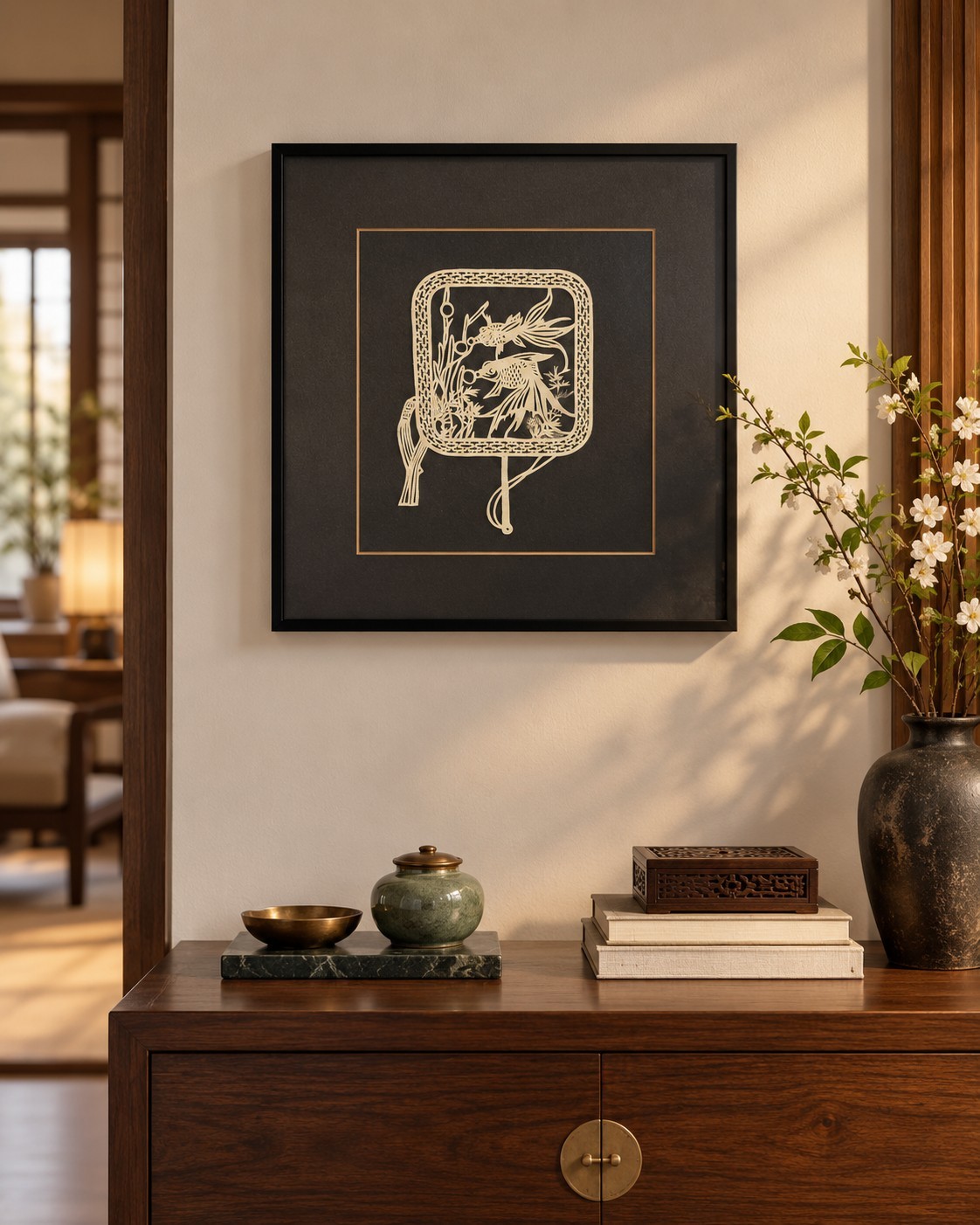 Vintage Chinese Paper Cut Goldfish Art Framed Asian Folk Art Turner Framing