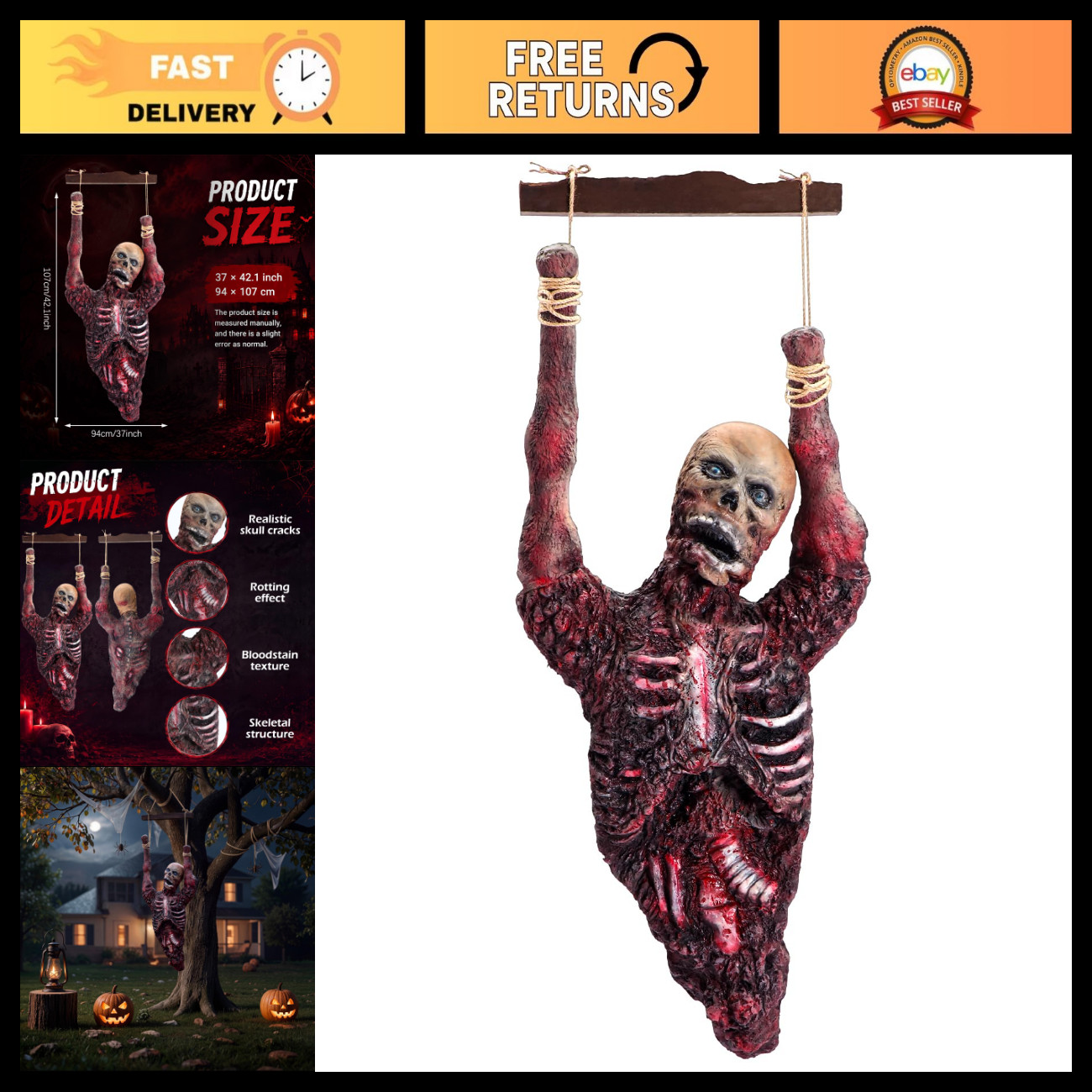 Bloody Half Body Hanging Skeleton Prop - Creepy Halloween Corpse Decor for Haunt