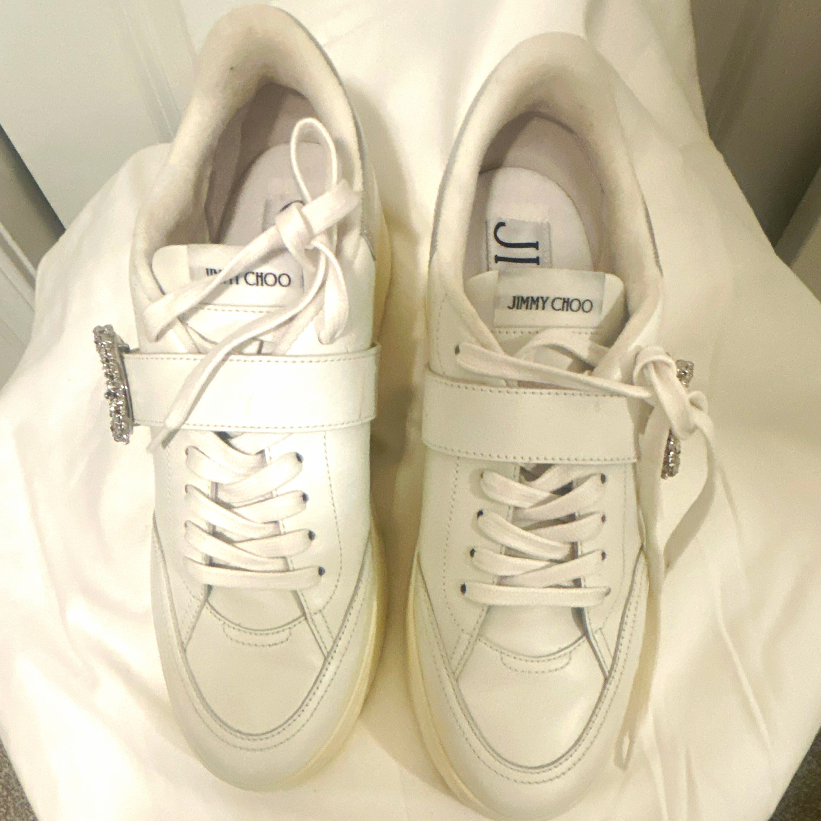 Jimmy Choo White/Silver Low Top Lace-Up Sneakers Silver Heel Crystal Detail