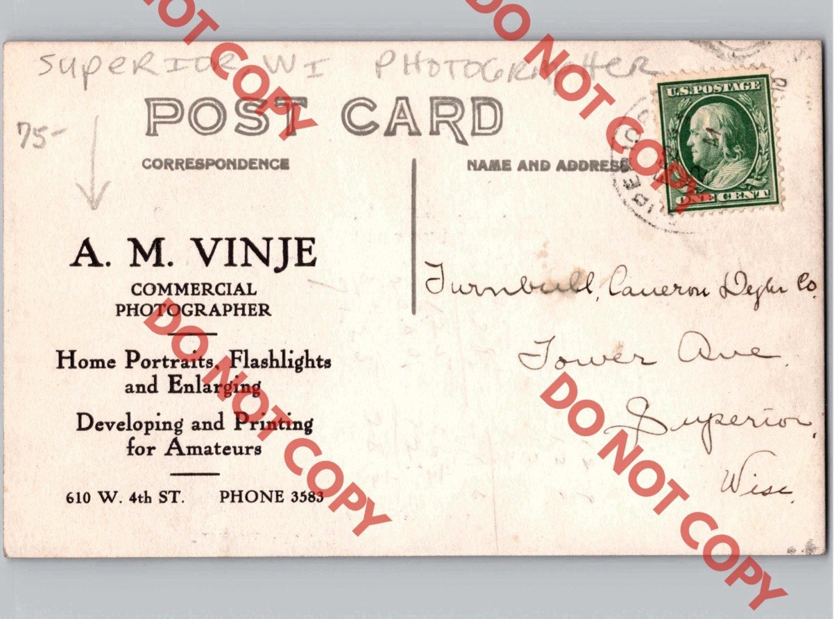 c1910 AM Vinje Commercial Photographer SUPERIOR Wisconsin WI Advertising RPPC
