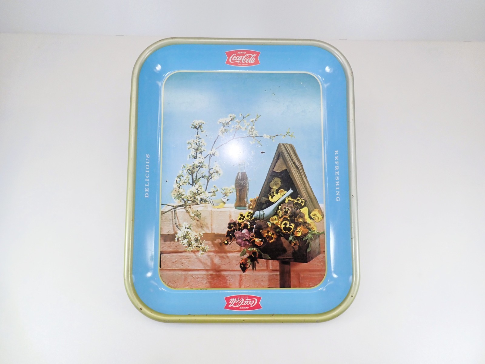 Rare Vintage 1957 Canadian Coca-Cola Birdhouse Serving Tray Tin Litho Gold Rim
