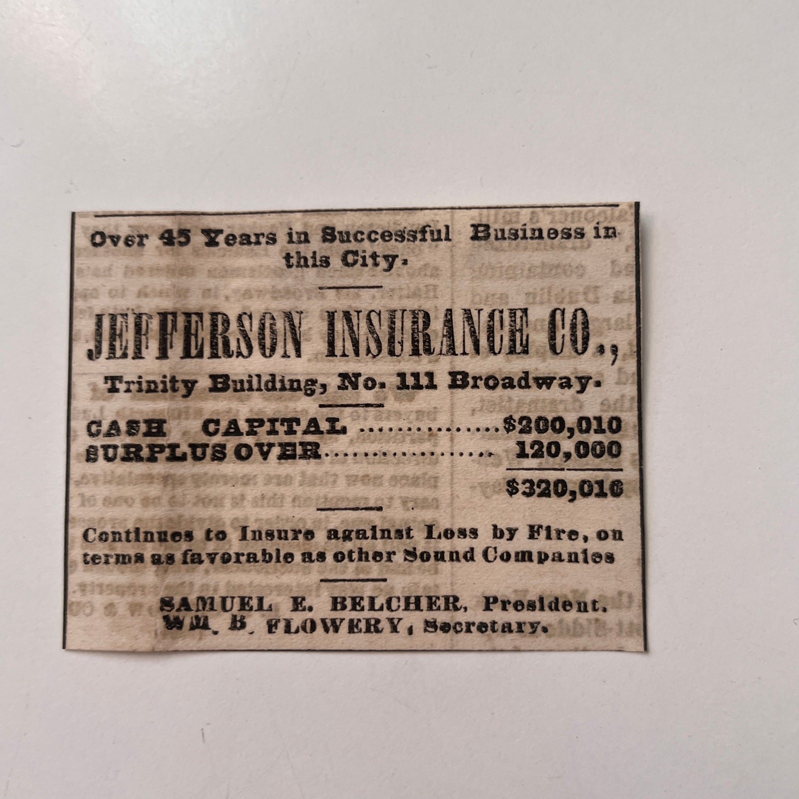 Jefferson Insurance Co Samuel E Belcher Broadway 1869 NY Clipping SAJ7-S97