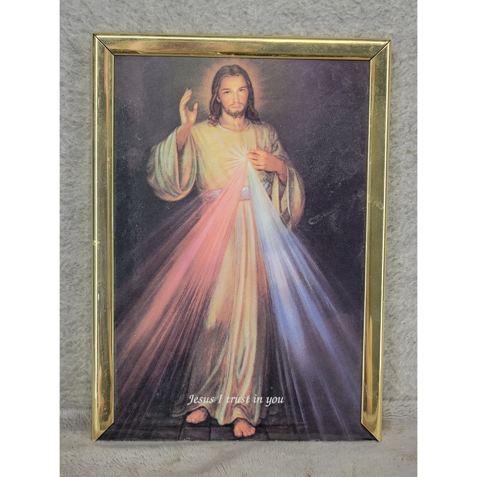 Vintage Jesus I Trust In You Divine Mercy Religious Art Gold Frame 5.25x7.25\