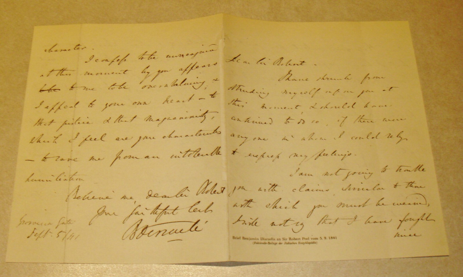 1841 letter written by Benjamin Disraeli British politician to Sir Robert Peel
