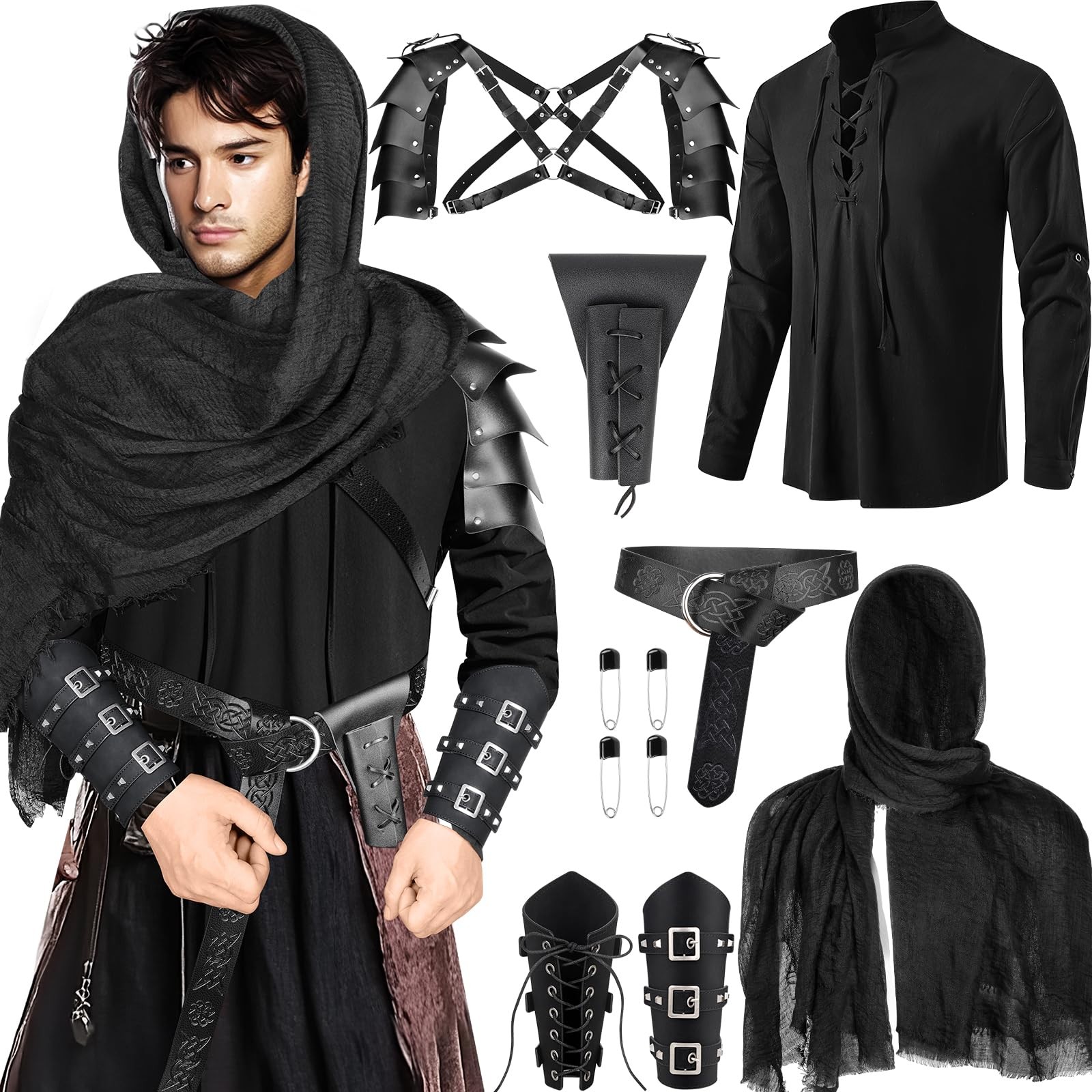 7 Pcs Men\'s Renaissance Costume Set Medieval Pirate Shirt Viking Shawl Belt S...