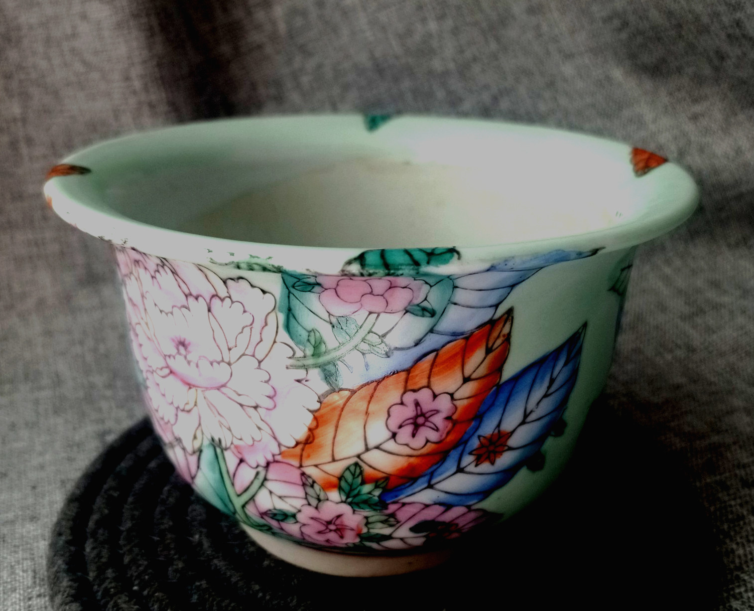 Vintage Chinese Famille Rose Porcelain Planter Bowl Hand Painted Floral & Blue