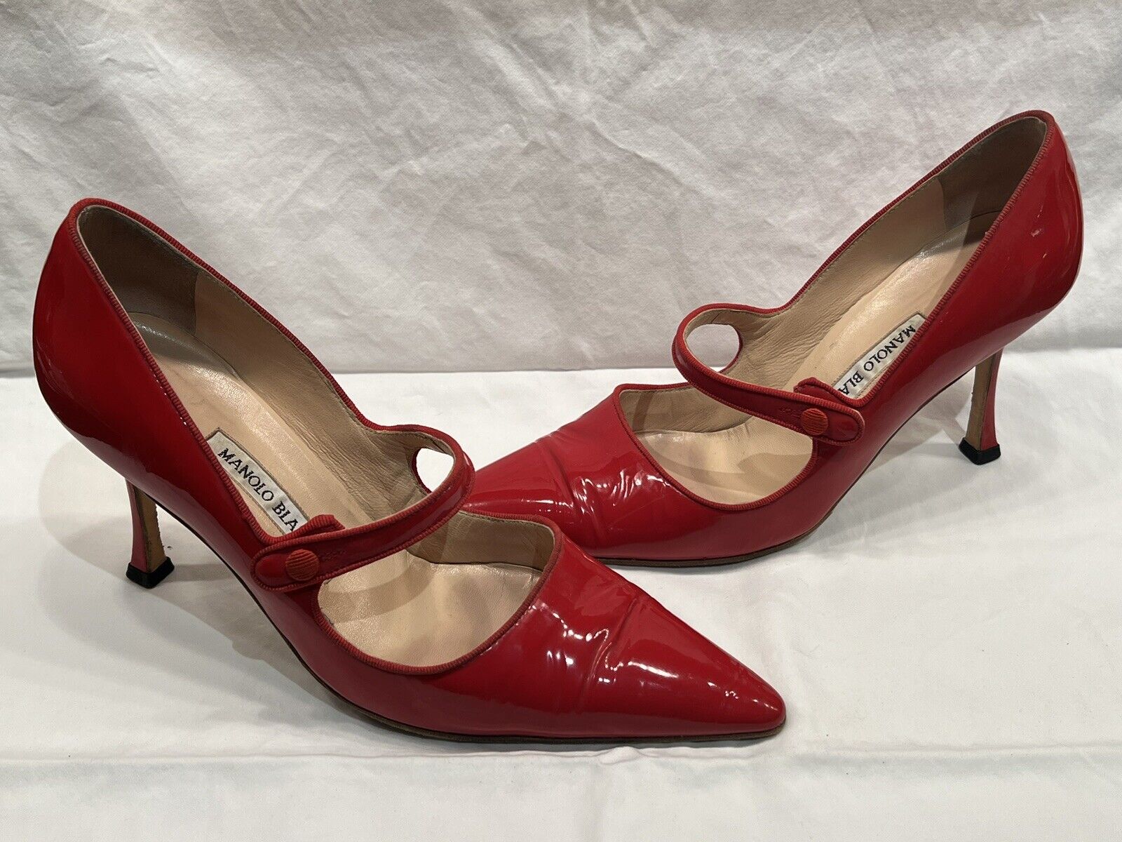 $700+ Manolo Blahnik Bright Red Patent Leather Campari Mary Jane Stiletto Pumps