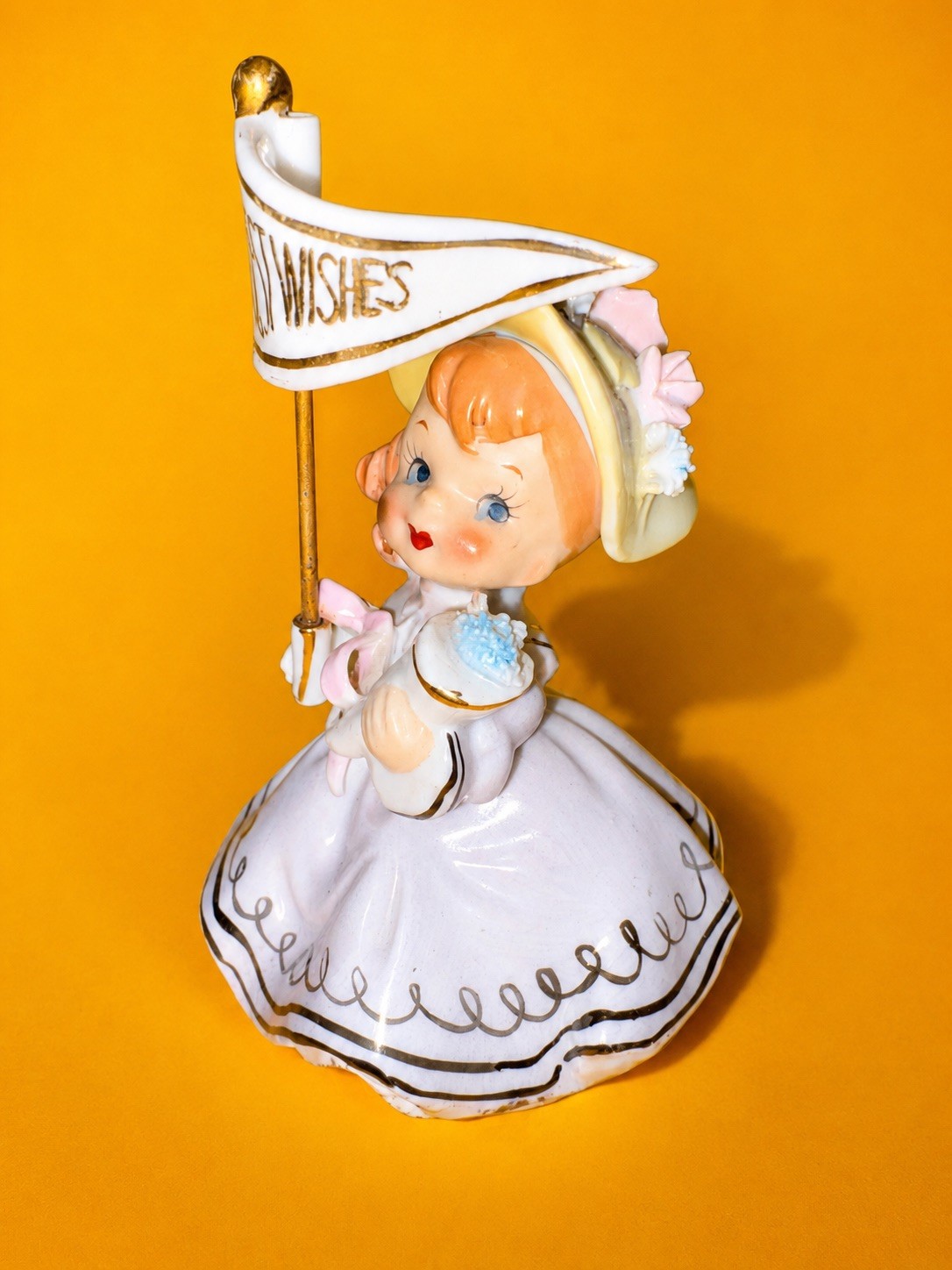 🥳 CUTE Vintage Birthday 1950s Flag Girl Figurine HTF Rare Napco Norcrest 