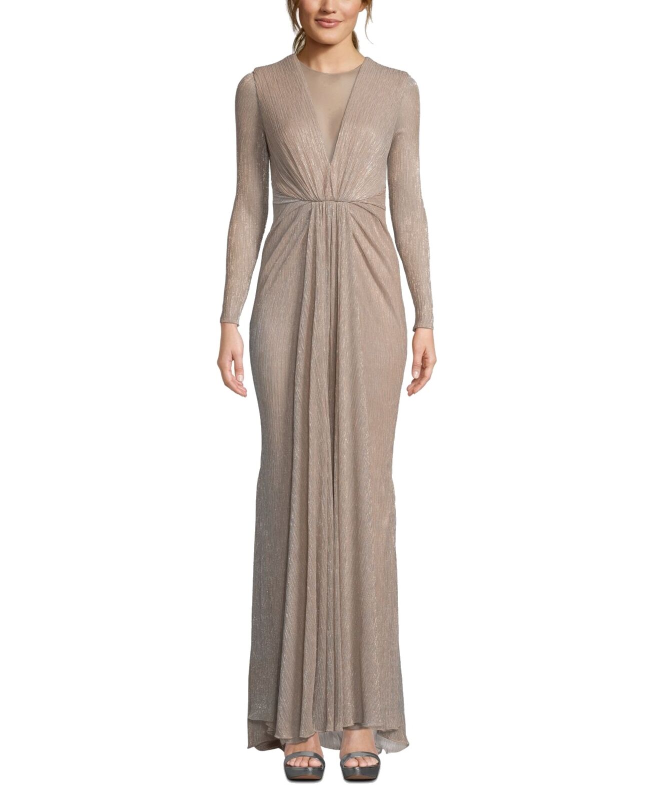 Betsy & Adam Women\'s Dress Beige Size 4 Metallic Illusion Ball Gown $249 #492