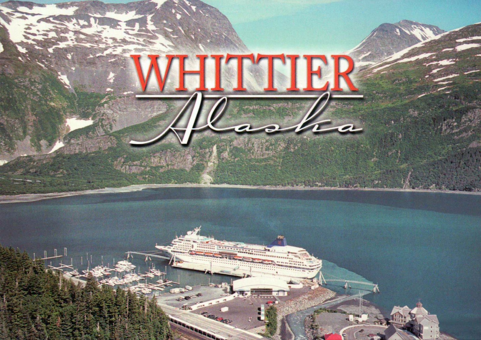 Aerial View of Cruise Ship at Whittier Alaska, Prince William Sound AK, Postcard