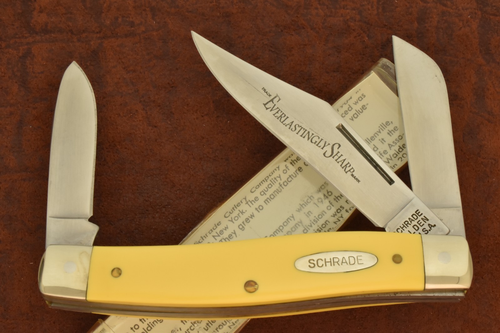 VINTAGE NOS SCHRADE WALDEN USA YELLOW STOCKMAN KNIFE IN ORIG TUBE/BOX SWA880Y