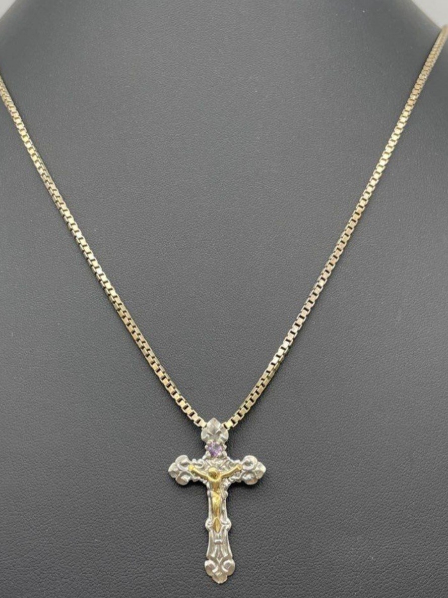 925 Sterling Silver Christian Crucifix Cross Necklace w/ Chain Purple Stone