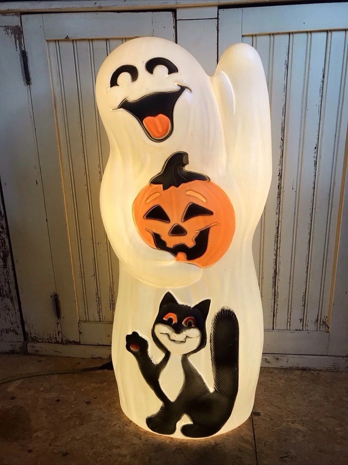 Blow Mold Halloween Ghost With  Black Cat And Pumpkin Light Up USA Made 34”