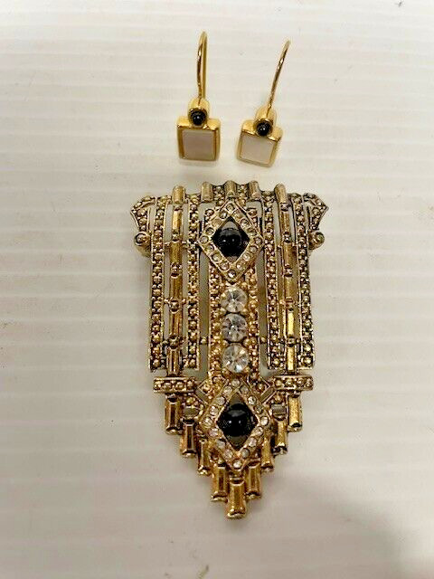Vintage Gold Tone With Black Accent Earrings and Brooch FC-39-4