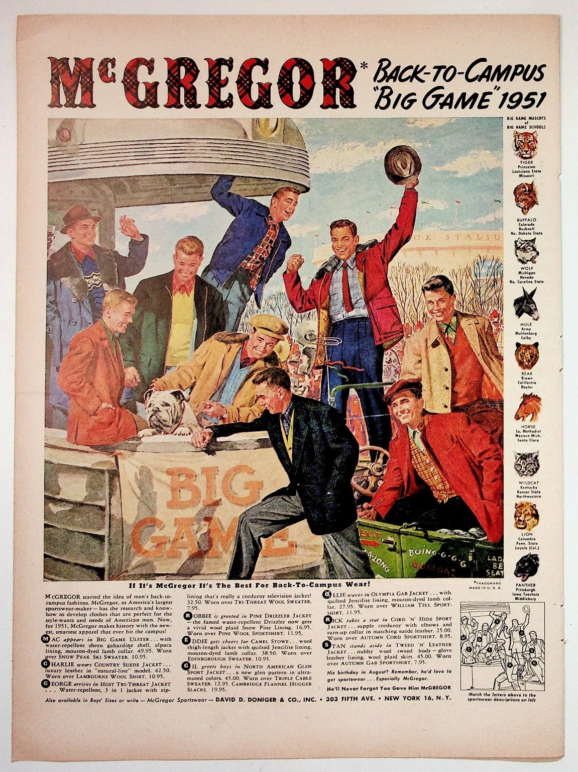 1951 McGregor Back-to-Campus Big Game Vintage Magazine Ad College Sports Mascots