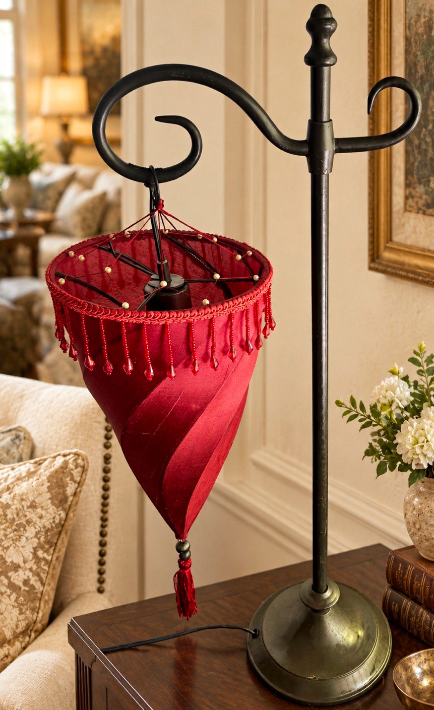 Vintage Pottery Barn Medina Moroccan Boho Table Lamp – Ruby Red Beaded Shade⁠