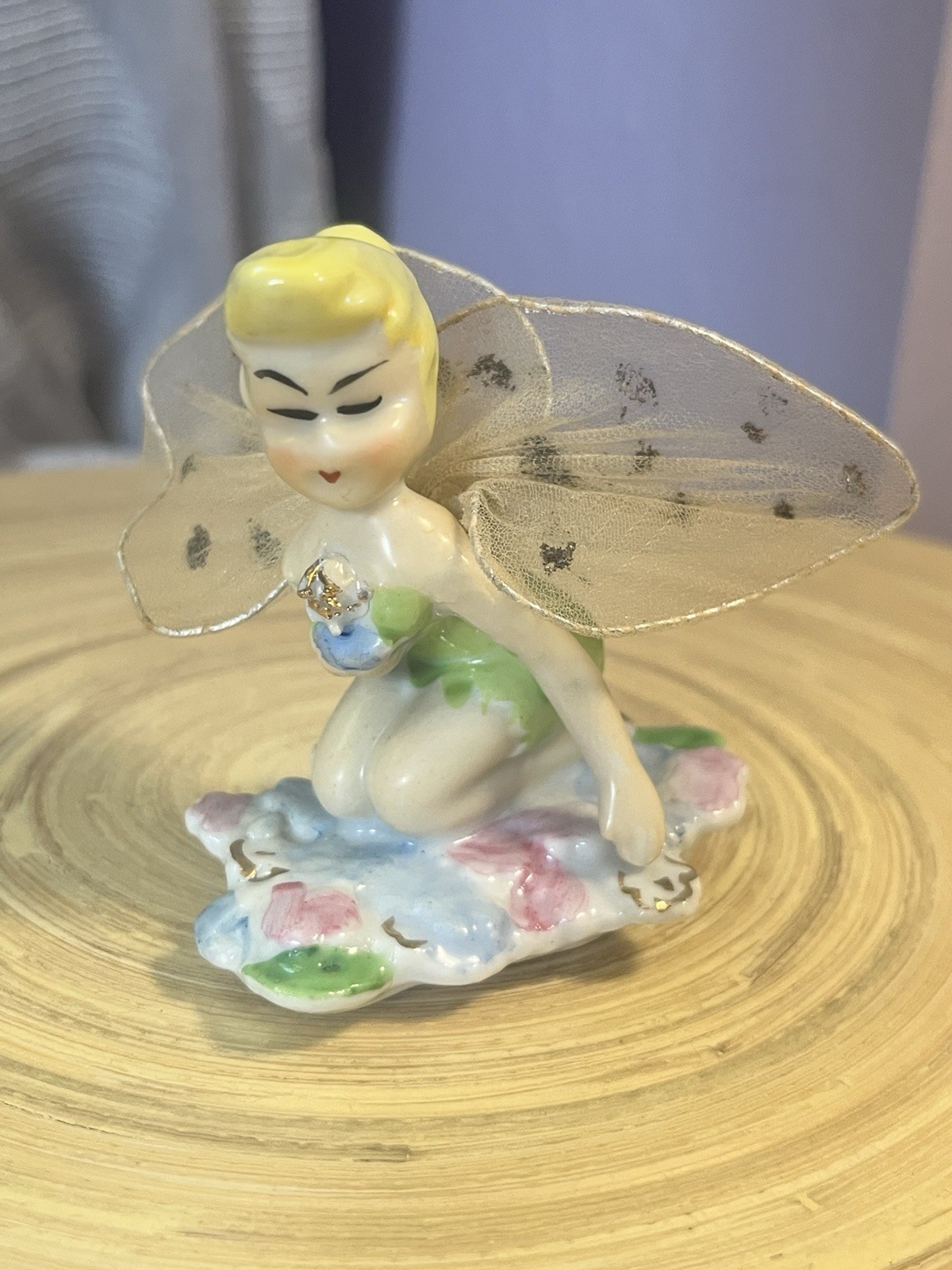 Vintage 1950s Wales Japan Ceramic Tinker Bell Pixie Fairy Figurine - Mesh Wings