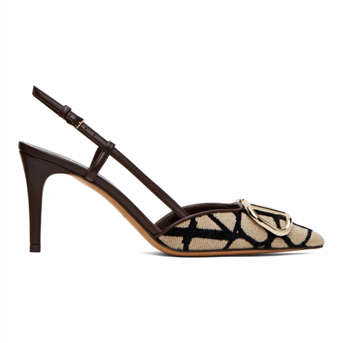 Valentino Garavani Brown Leather Slingback Pointed Toe Logo Buckle Heel 6