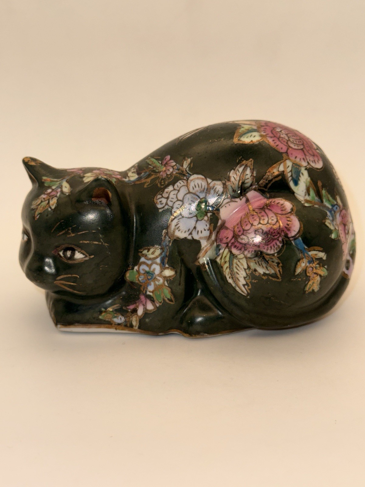 Vintage 1970s Fitz & Floyd Cloisonne Style Green Porcelain Sleeping Cat Figurine