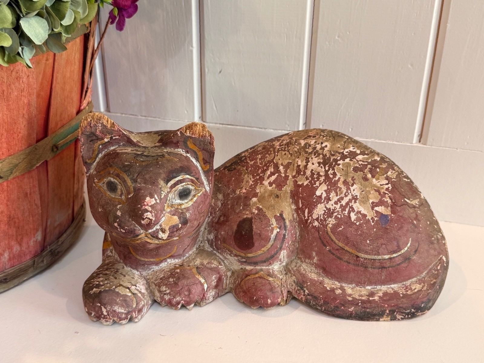 Vintage Carved Hand Painted Wood Reclining Cat 13” Folk Art, Rustic & Chippy