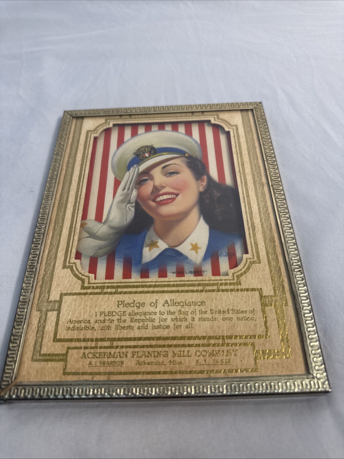 Vintage 1940s WWII Pledge of Allegiance Framed Print Miss Liberty Ackerman