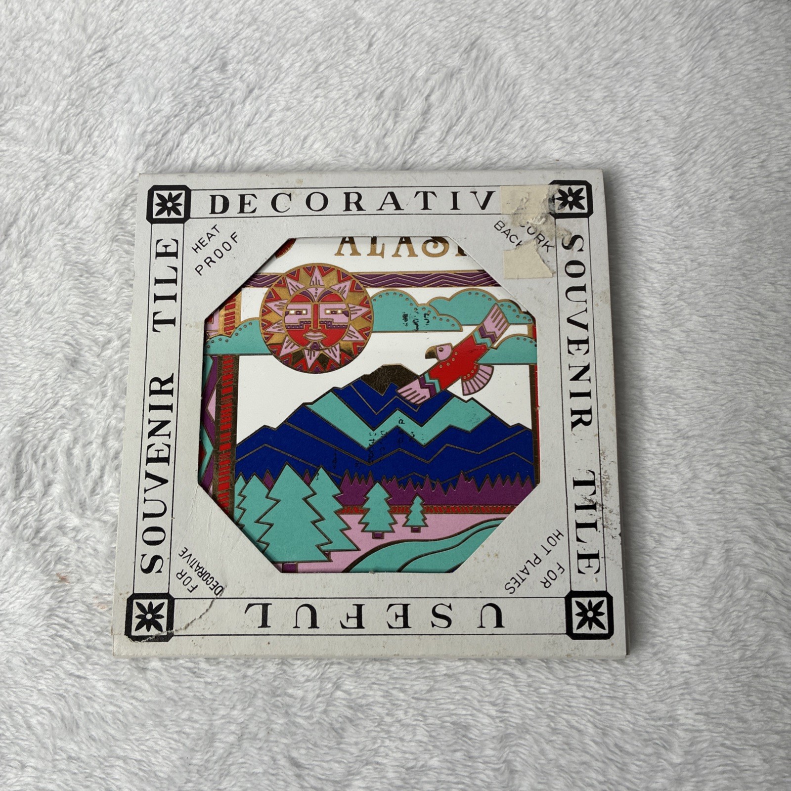 Vintage Southwest Souvenir Ceramic Tile Trivet Sun Bird Mountains Taiwan NOS