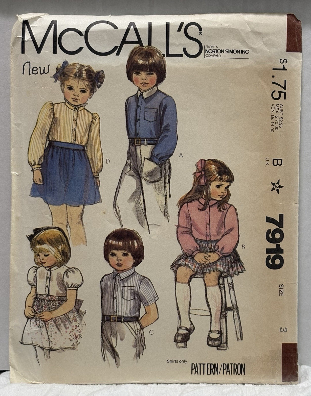 McCall’s 7919 Size 3 Shirt VINTAGE PREOWNED NEW UNUSED 