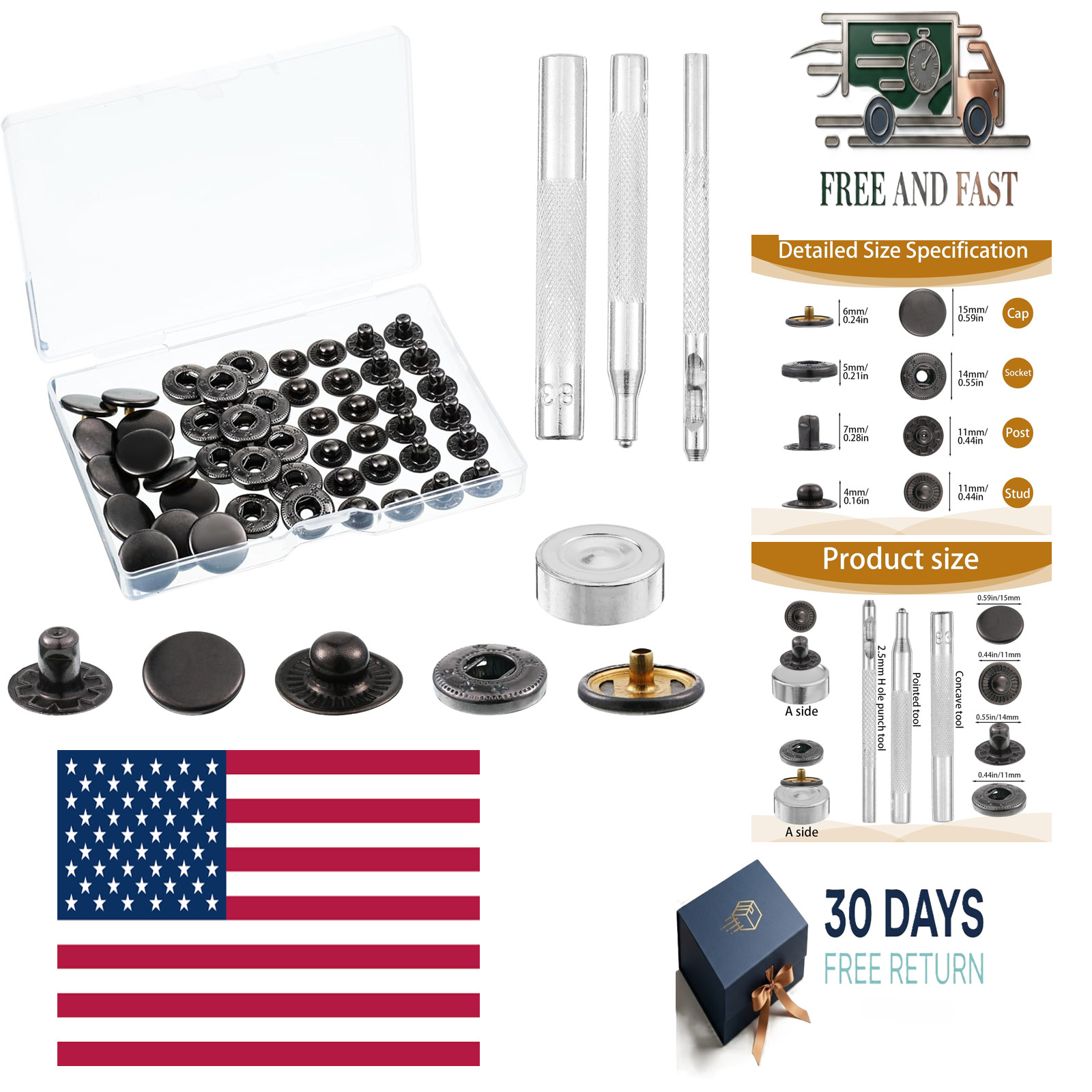 12 Set Snaps Button Kit, 15mm Leather Snap Fasteners with 4 Install Tools, Metal