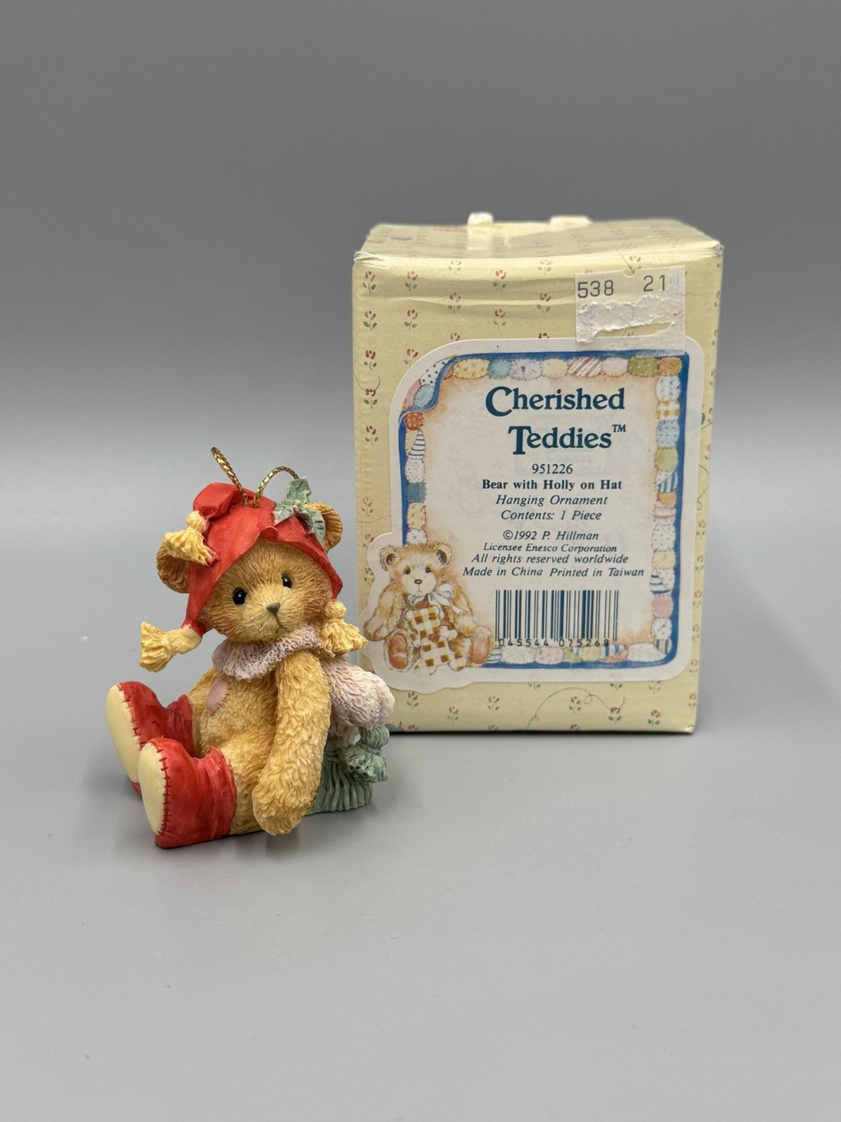 1992 Cherished Teddies Bear With Holly On Hat Figurine Hanging Ornaments 951226