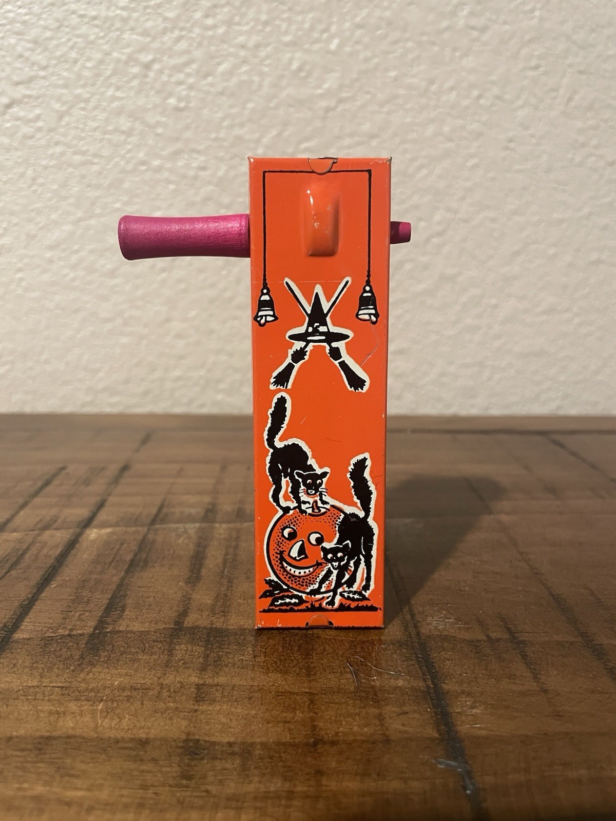 Vintage Halloween 1950s Kirchoff Tin Litho Noise Maker with Wood Handle