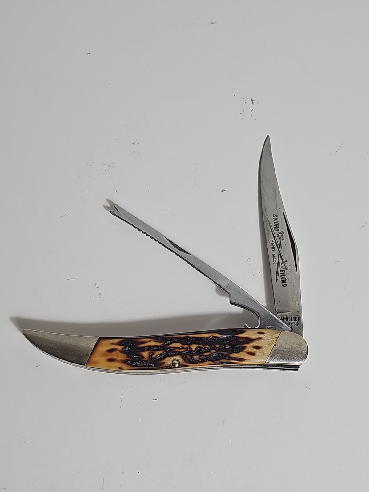 Vintage Camillus USA Sword Brand 31 Fishing Scaler Knife Stag Delrin USA Vintage Camillus USA Sword Brand 31 Fishing Scaler Knife Stag Delrin USA