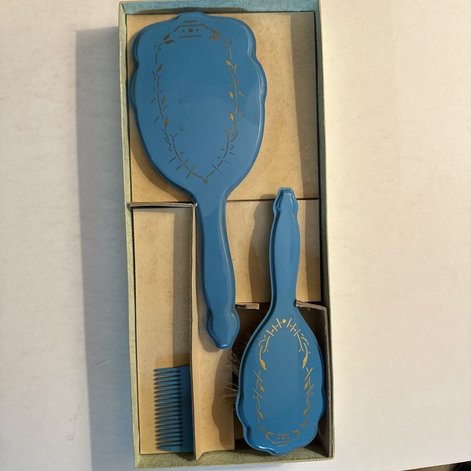 Vintage Child Blue Floral Vanity Set Comb Brush Mirror Original Box