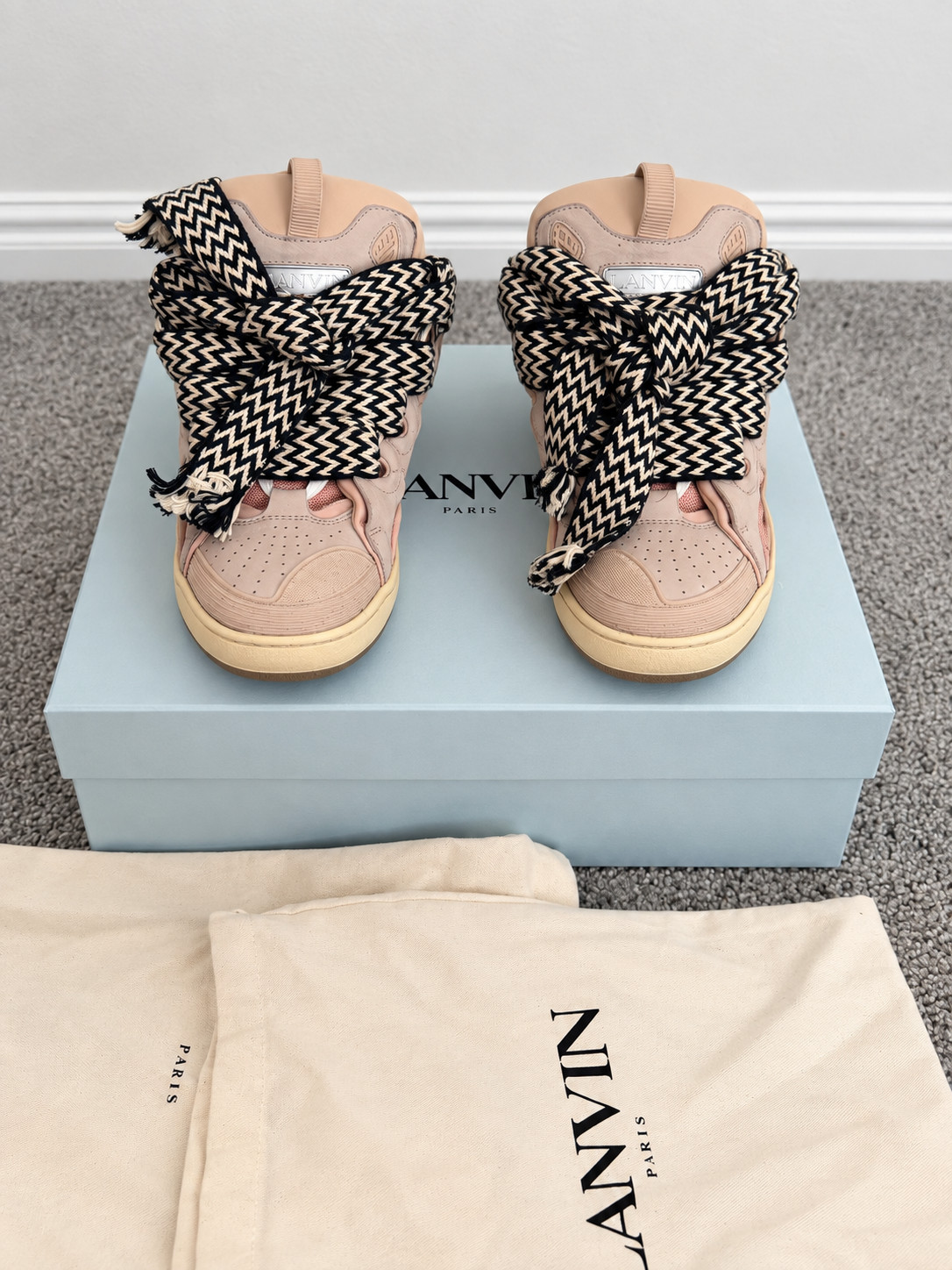 Lanvin Curb Chevron Pink Sneakers with Black & White Zigzag Laces Low Top