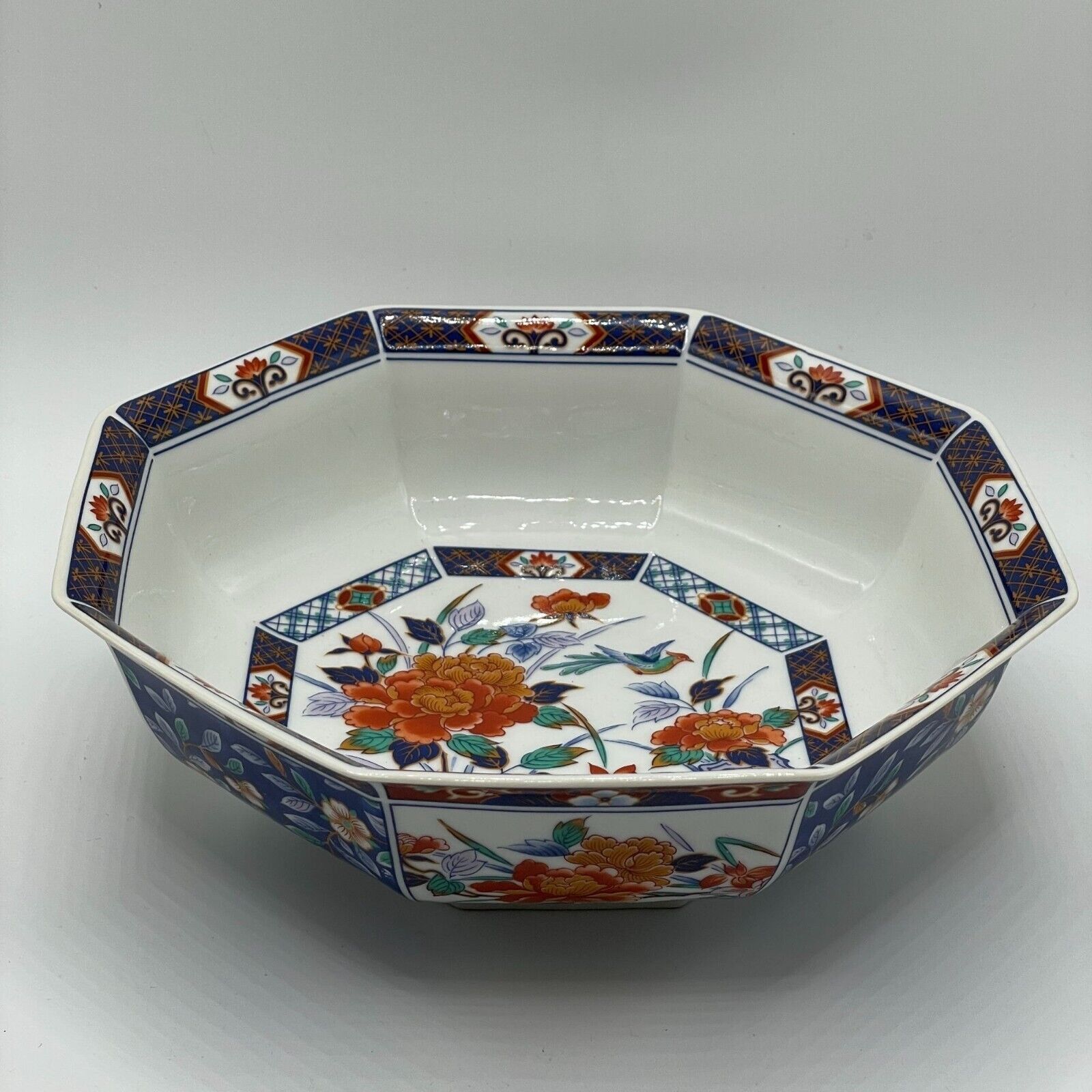 Vintage 70s Kutani Imari Japan Orange Blue Peony Octagonal Ceramic Bowl 8.5\
