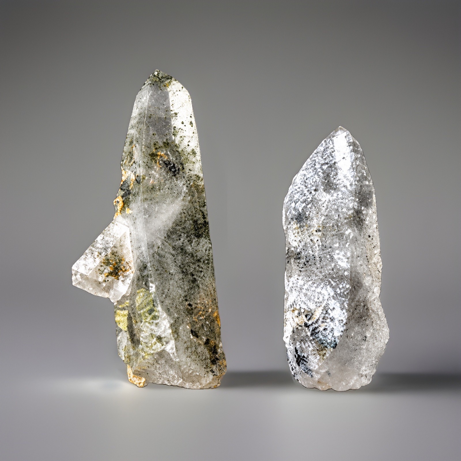 “Phantom Duo” Ganesh Himalayan White-Gray & Green-Black Quartz Pair Two Crystal