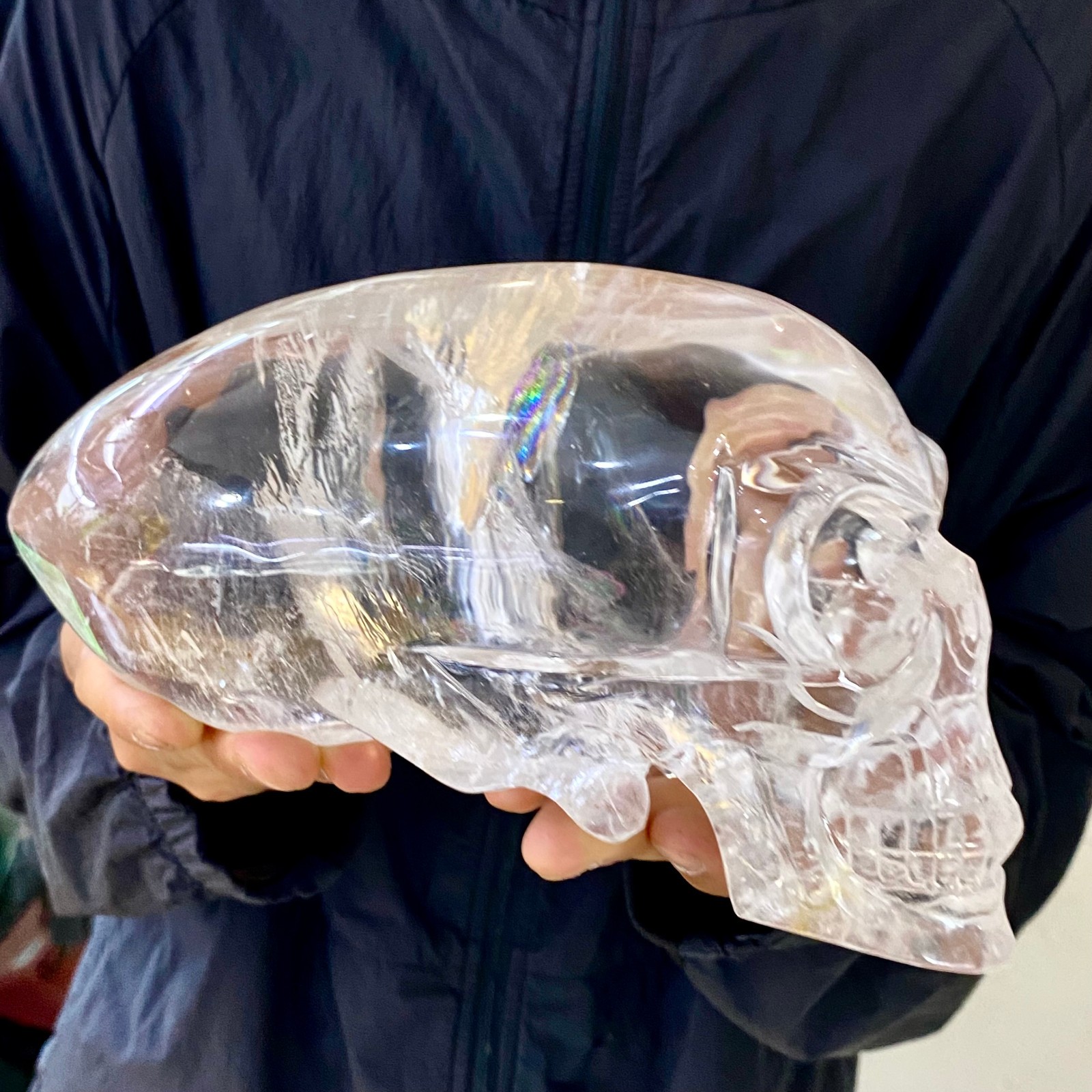 6.15LB Natural Clear Quartz Alien Skull with Rainbow Flash Healing Energy Crysta