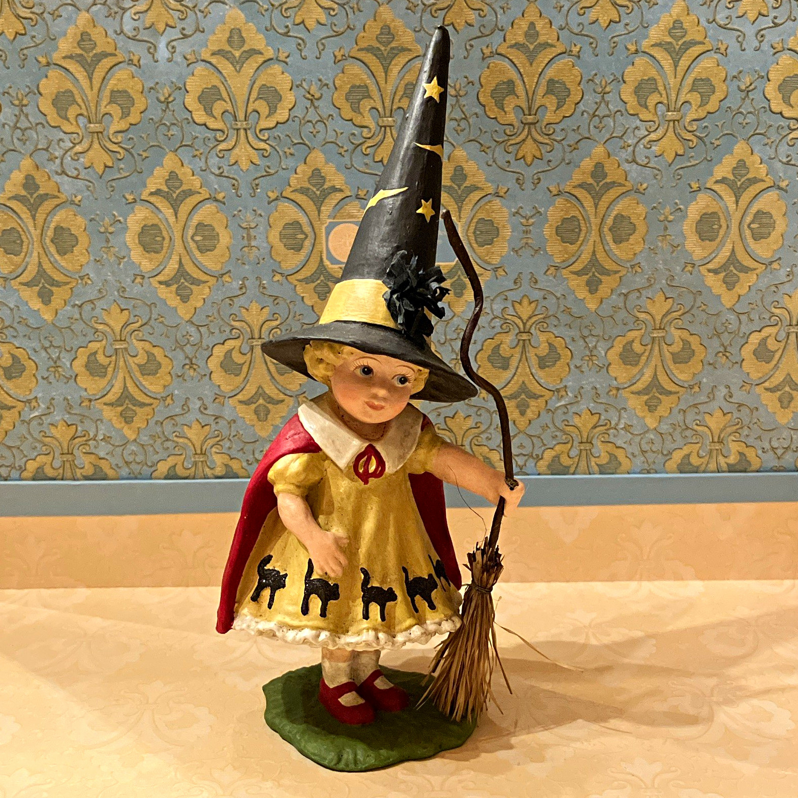 Bethany Lowe Designs Halloween Witch Girl Figurine w/ Broom Resin Painted