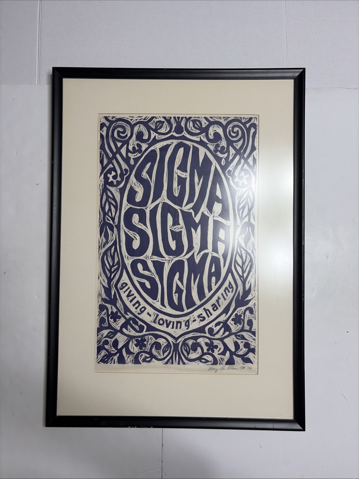 Sigma Sorority Woodblock Print VTG 1972 Mary Lou Olson