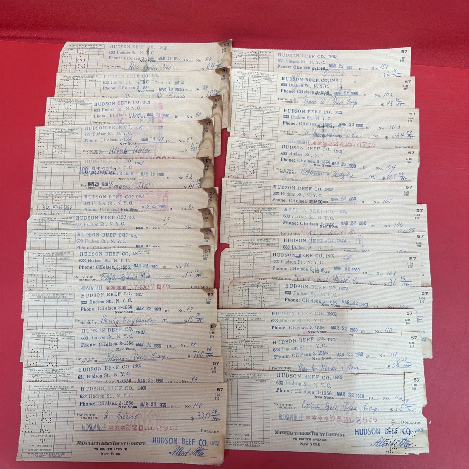 Lot of 25 Vintage 1960 Bank Checks Hudson Beef Co NYC Cancelled Ephemera  *1