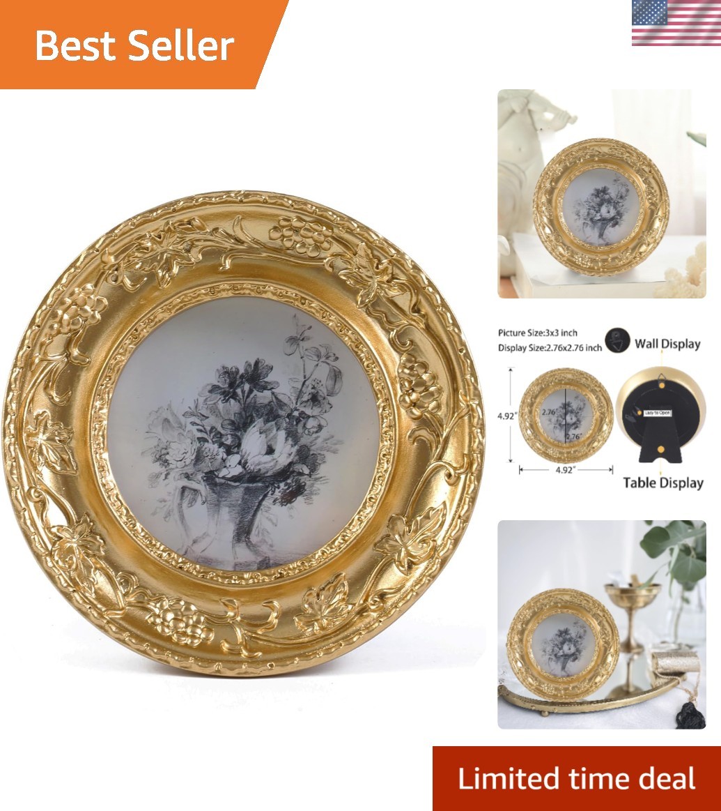 Elegant 3x3 Vintage Round Picture Frame with Floral Design - Gold Resin Decor Elegant 3x3 Vintage Round Picture Frame with Floral Design - Gold Resin Decor
