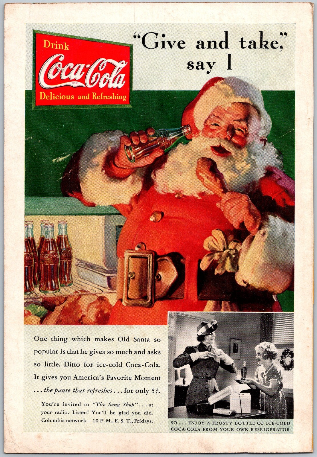 1937 Coca Cola Vintage Print Ad Santa Claus Christmas Coke Soda Bottle Drumstick