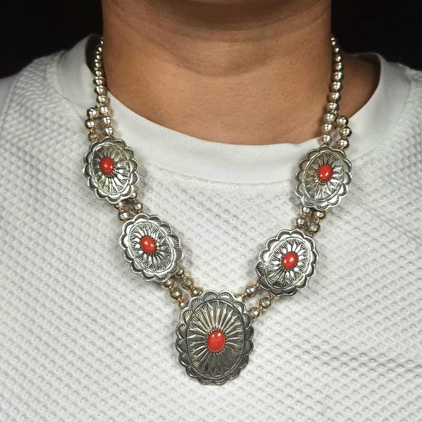 Vintage Tim Guerro Navajo sterling silver coral concho style beaded necklace
