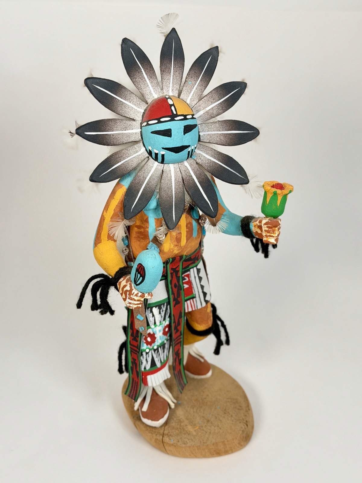 Vintage Hopi Sun Face Kachina Doll Signed R. Jean Vibrant Fur Feather Shells 12”