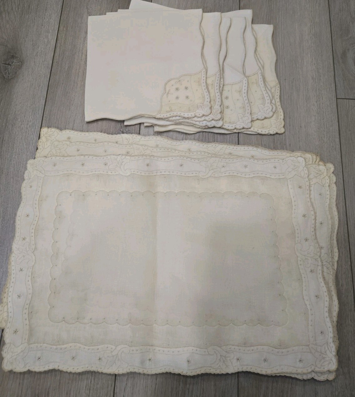 VTG 50\'s Madeira Linen Organdy Placemat Napkin Set Of 15 Floral Embroidery NWOT