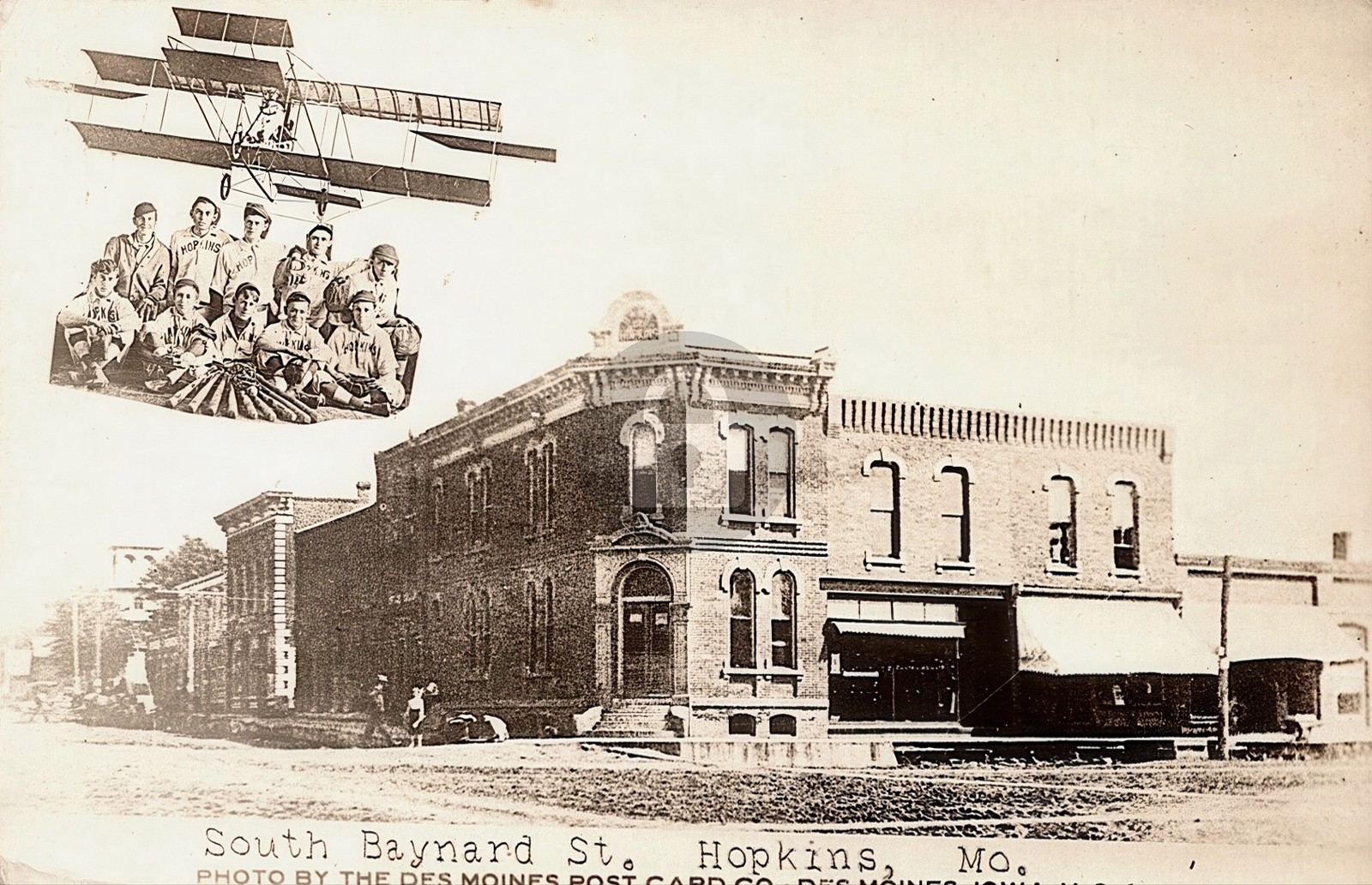 Hopkins MO Baseball Team in Airplane Above Main Street Prop RPPC Postcard COPY