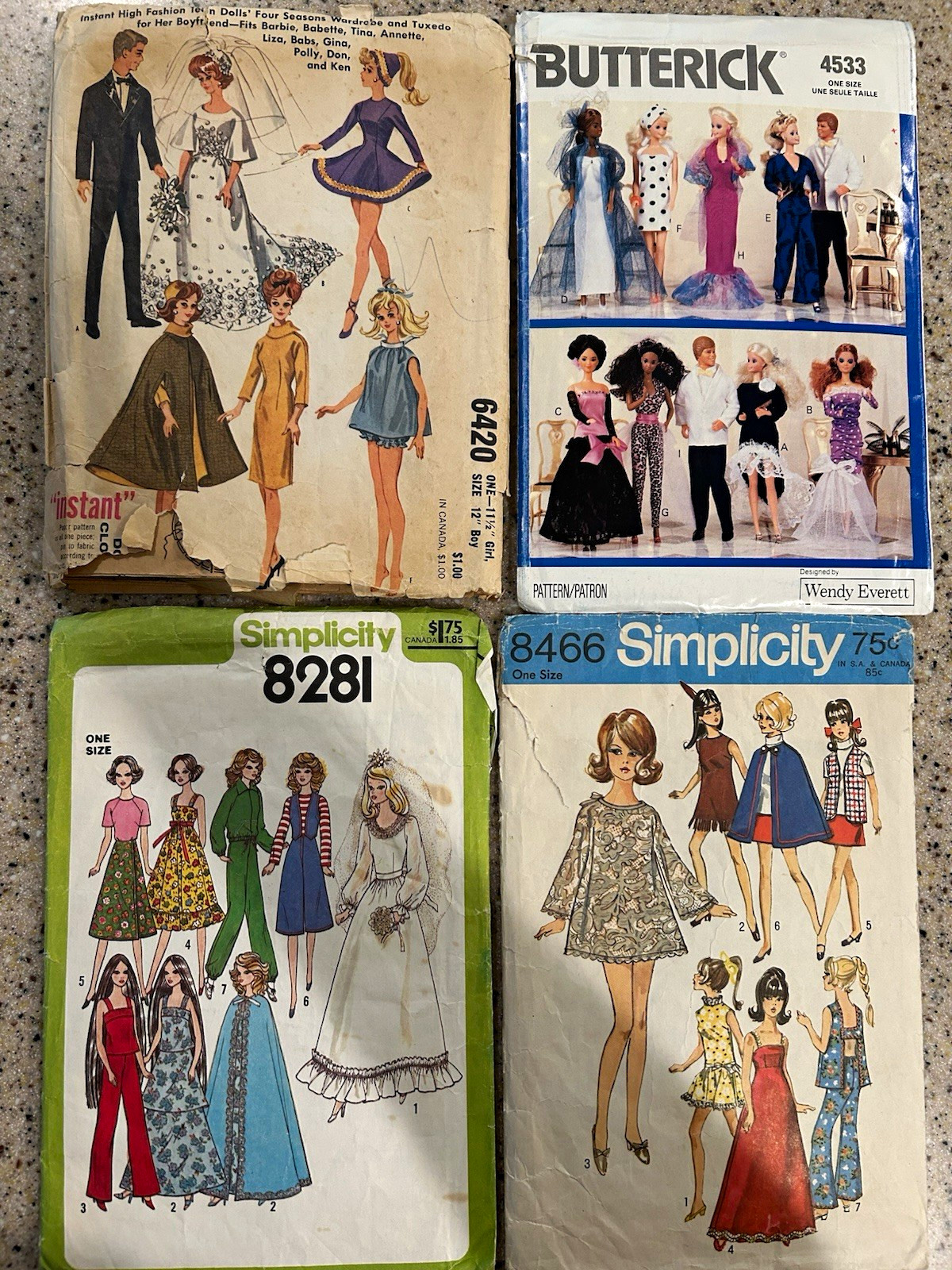 Lot 4  Vintage Barbie & Ken Doll sewing patterns - Simplicity, McCall, Butterick