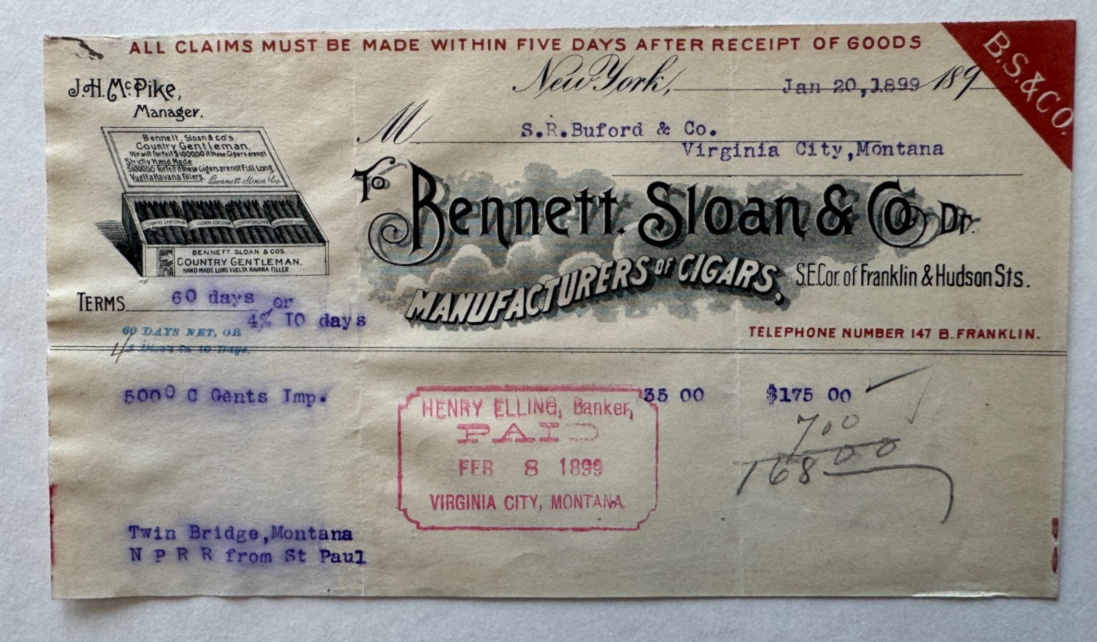 Vintage 1899 Billhead New York Bennett Sloan & Co Cigars Franklin & Hudson Sts