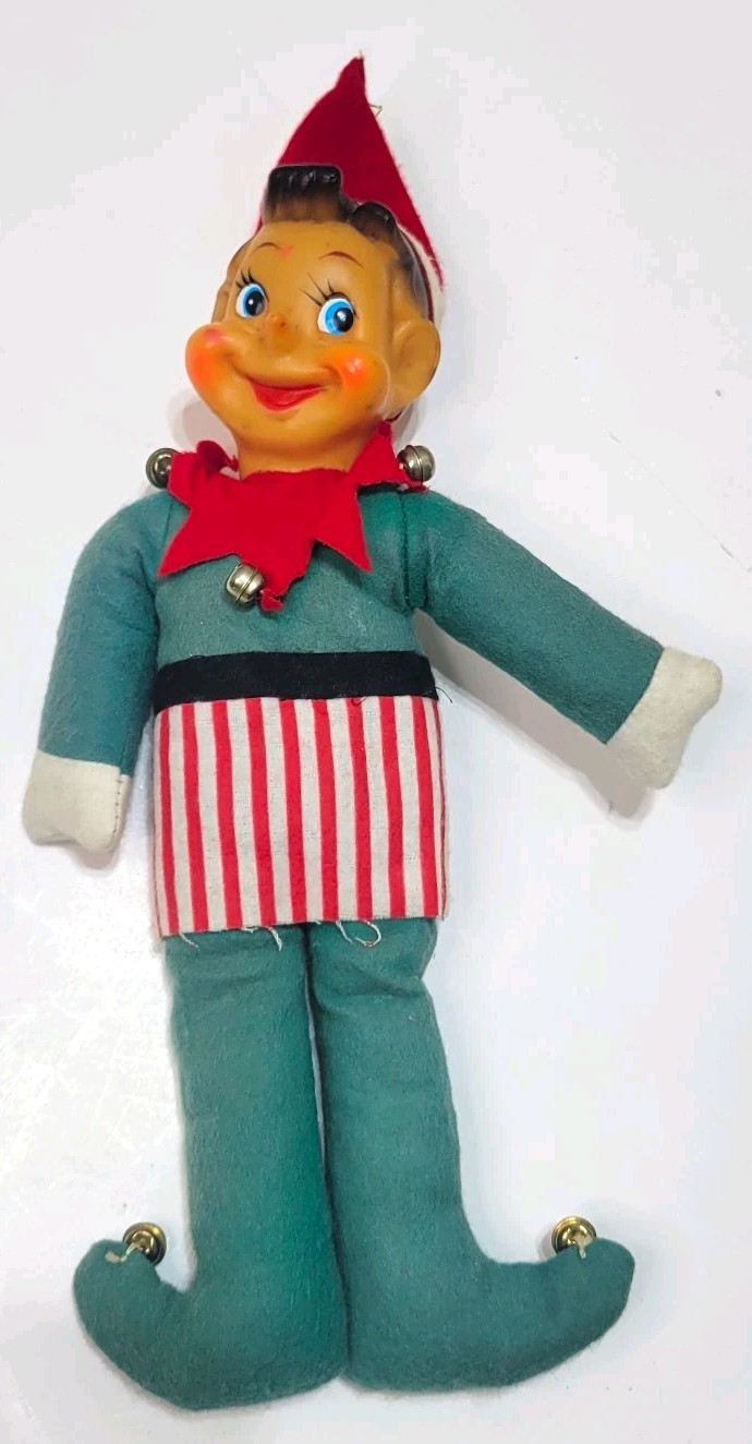 Vintage Japan Christmas Elf Pixie Doll 14” Felt Rubber Face Jingle Bells MCM