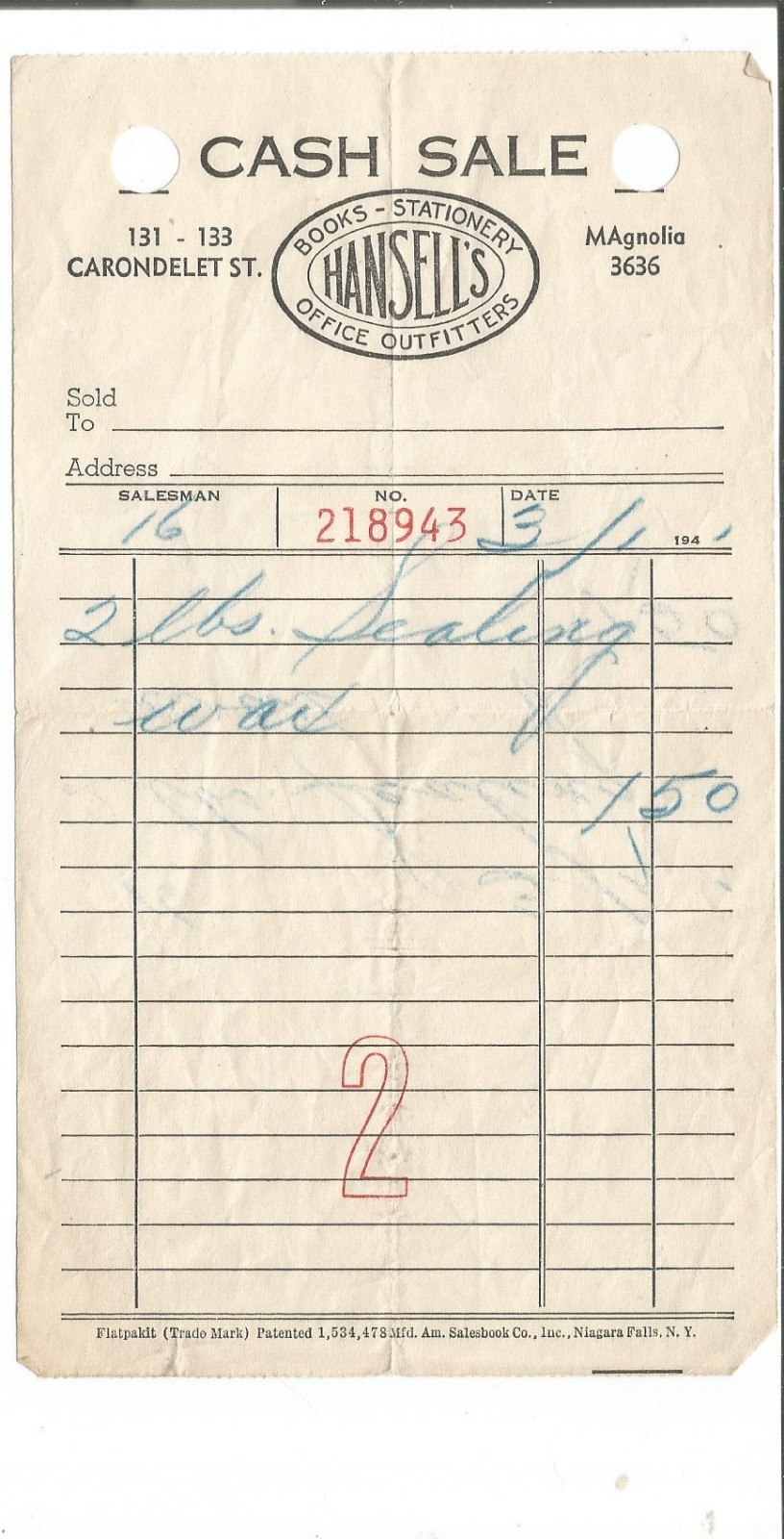 Antique Ephemera Hansell\'s Books Stationary Office Receipt 1941 New Orleans