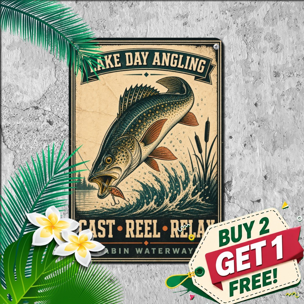 Jumping Freshwater Game Fish Sign Bold Sportsman Lake Cabin Metal Tin Plaque